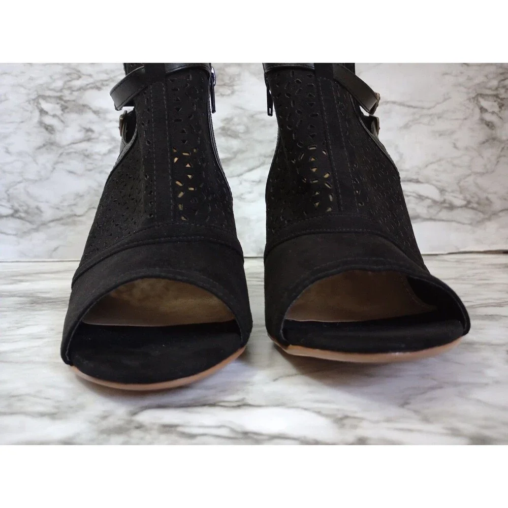 Just Fab Black Faux Suede Eyelet Open Toe High Heel Ankle Boots Booties Size 9.5